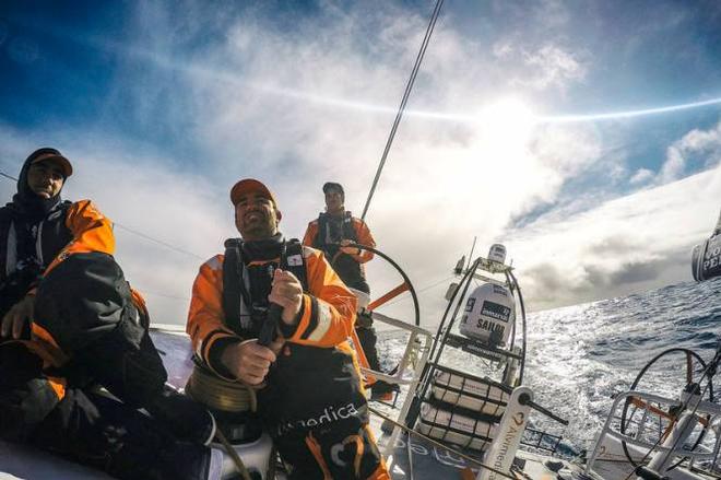 Onboard Team Alvimedica - Mark Towill and Charlie Enright enjoying the warmth of a Southern Ocean sun together, after years of dreaming about it - Leg 5 to Itajai - Volvo Ocean Race 2015 ©  Amory Ross / Team Alvimedica